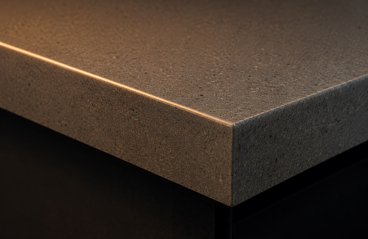 Close detail of a precise engineered quartz countertop edge