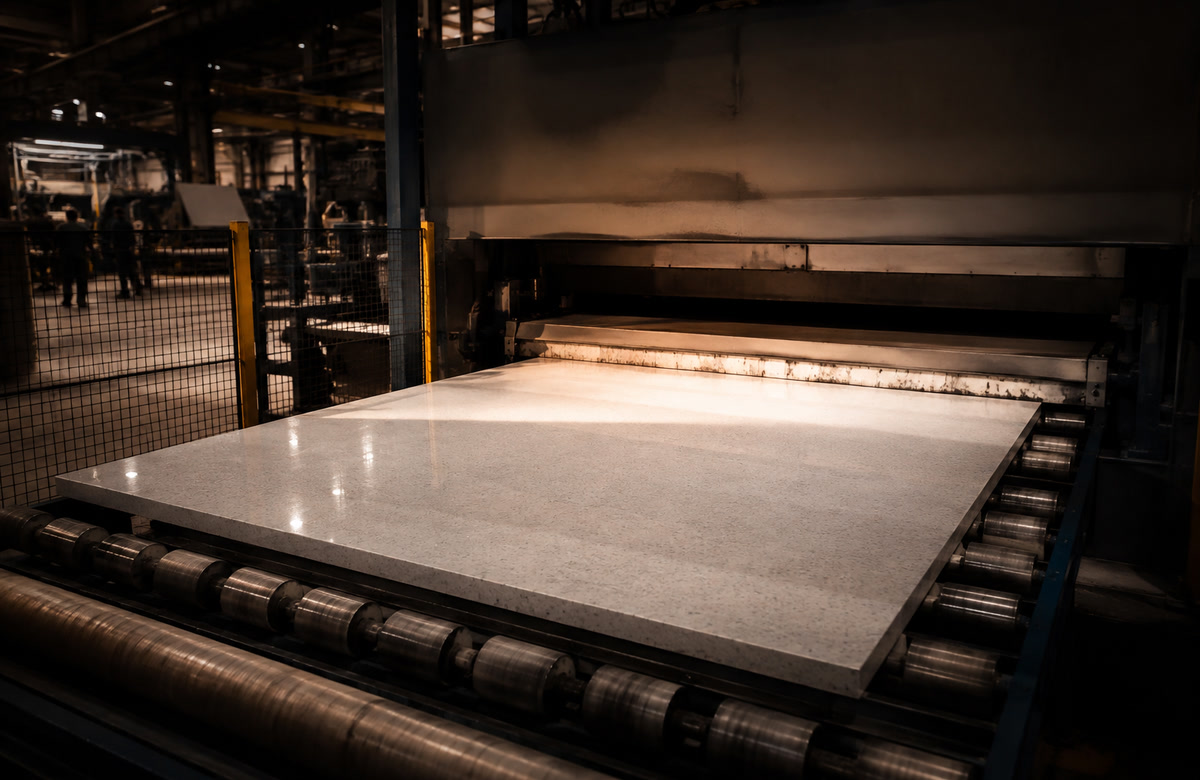 Engineered quartz slab moving through an industrial production line