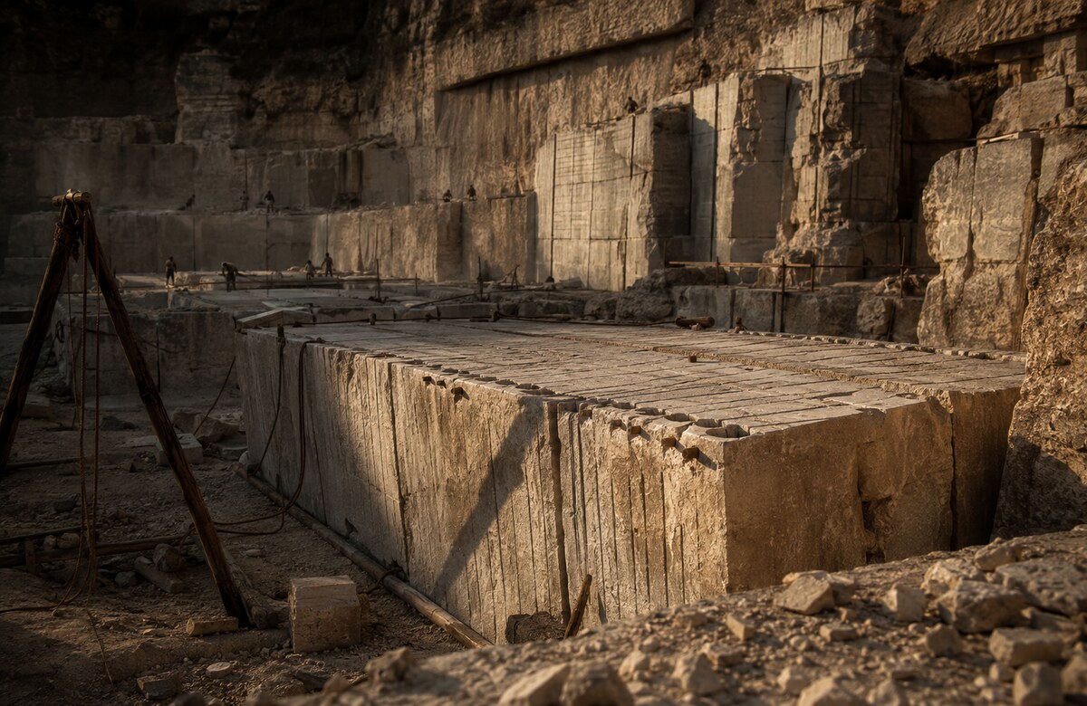 Ancient stone quarry mid-extraction, massive rectangular blocks cut and partially freed from the rock face with wooden scaffolding