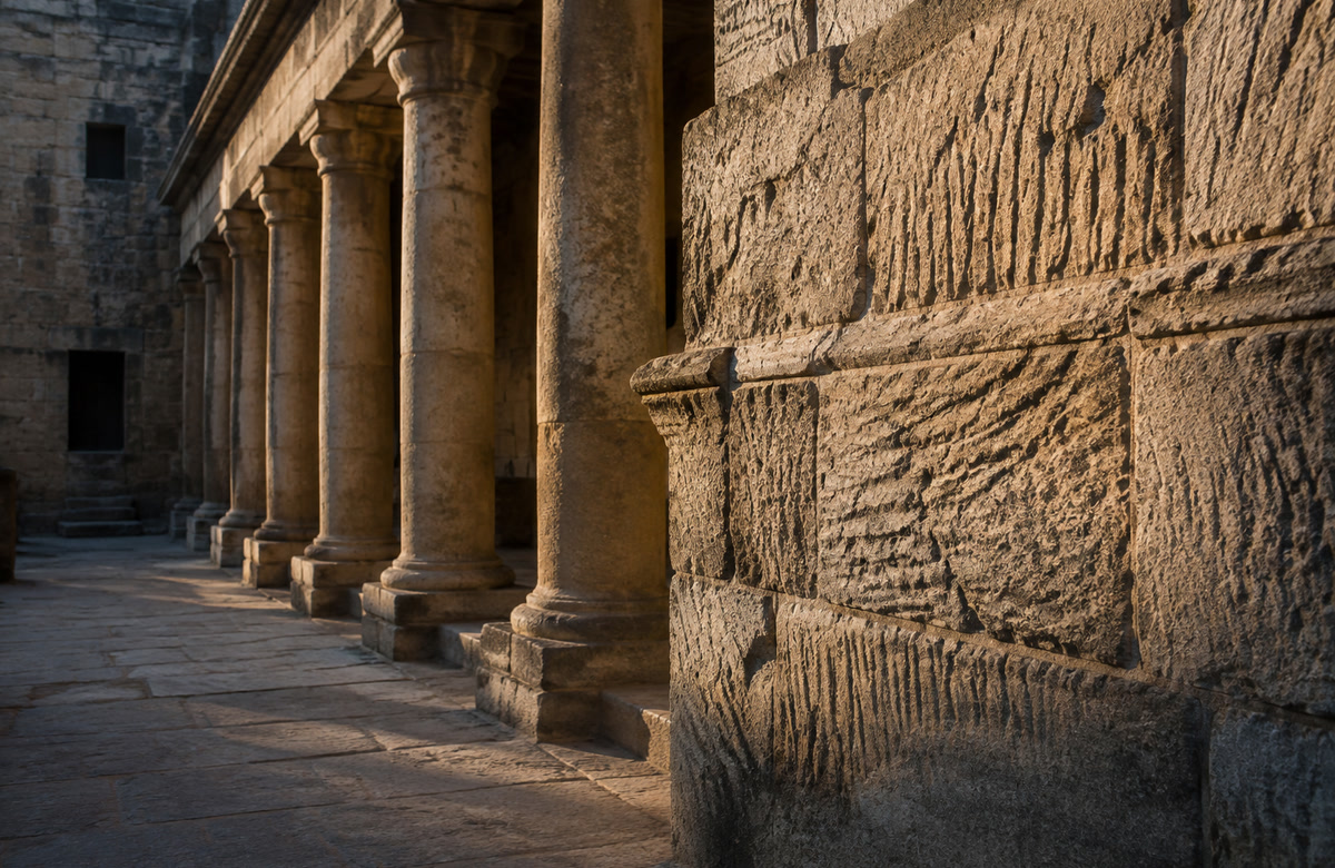 Ancient hand-cut stone columns and masonry showing historic tool marks