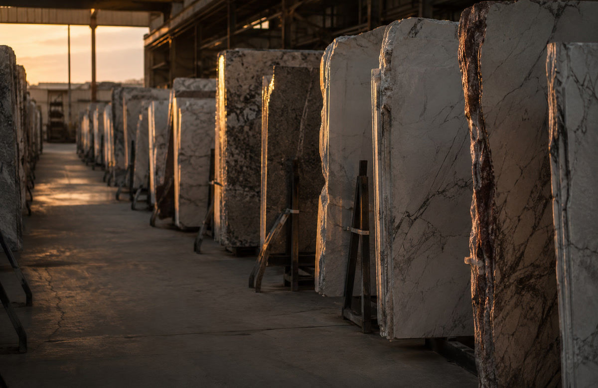 Raw marble slabs stored vertically in a stone yard at dusk