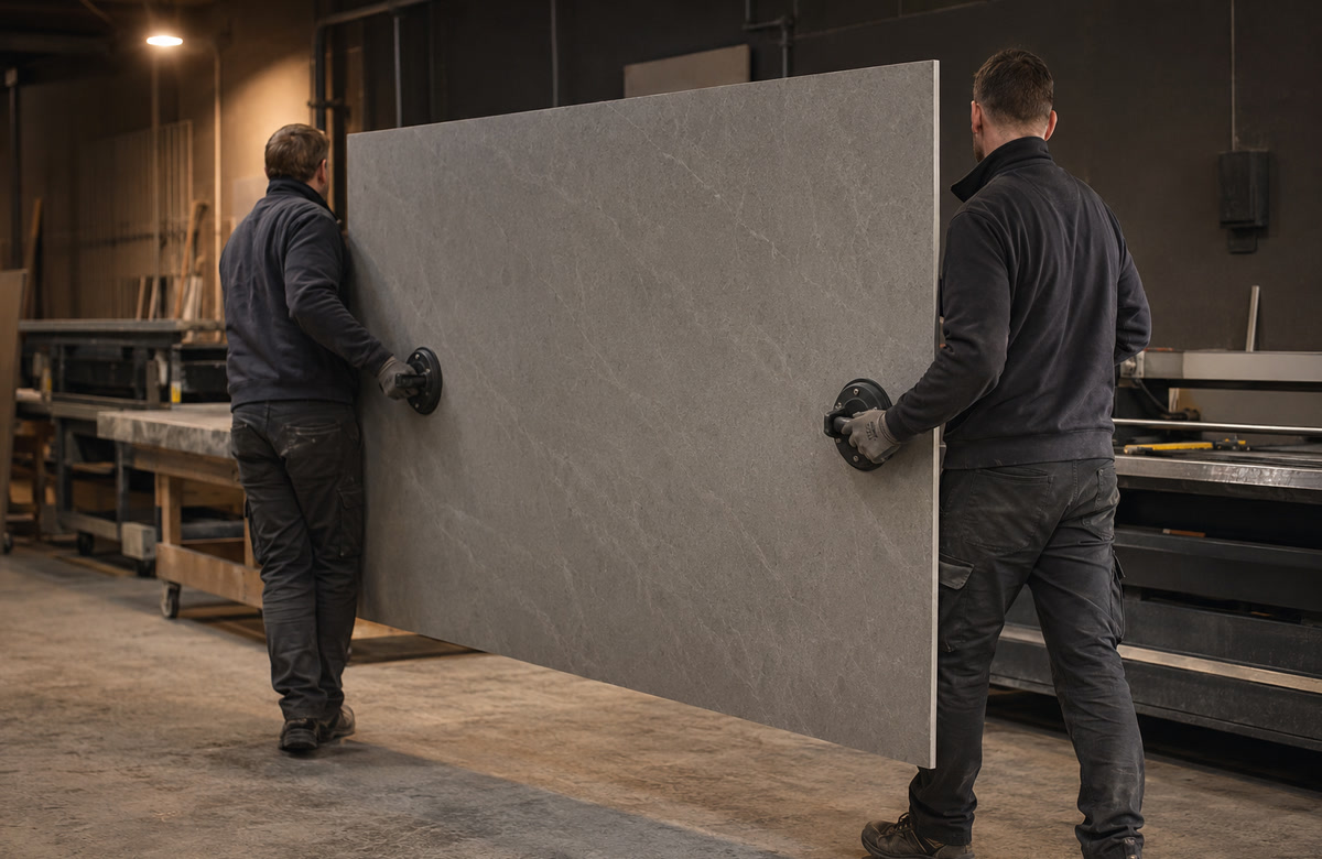 Two fabricators handling a large-format porcelain slab with suction lifters