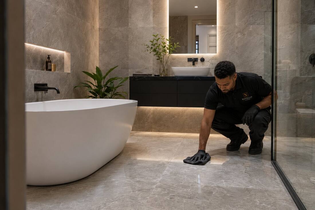 Hand-finishing a polished bathroom floor