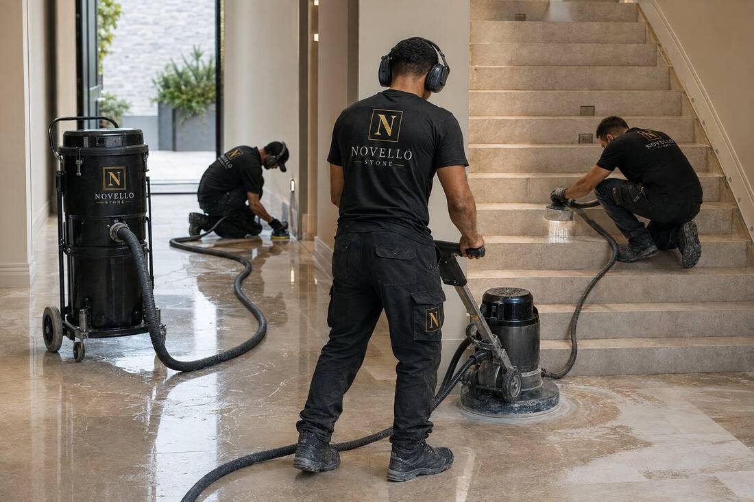 Diamond polishing a marble staircase