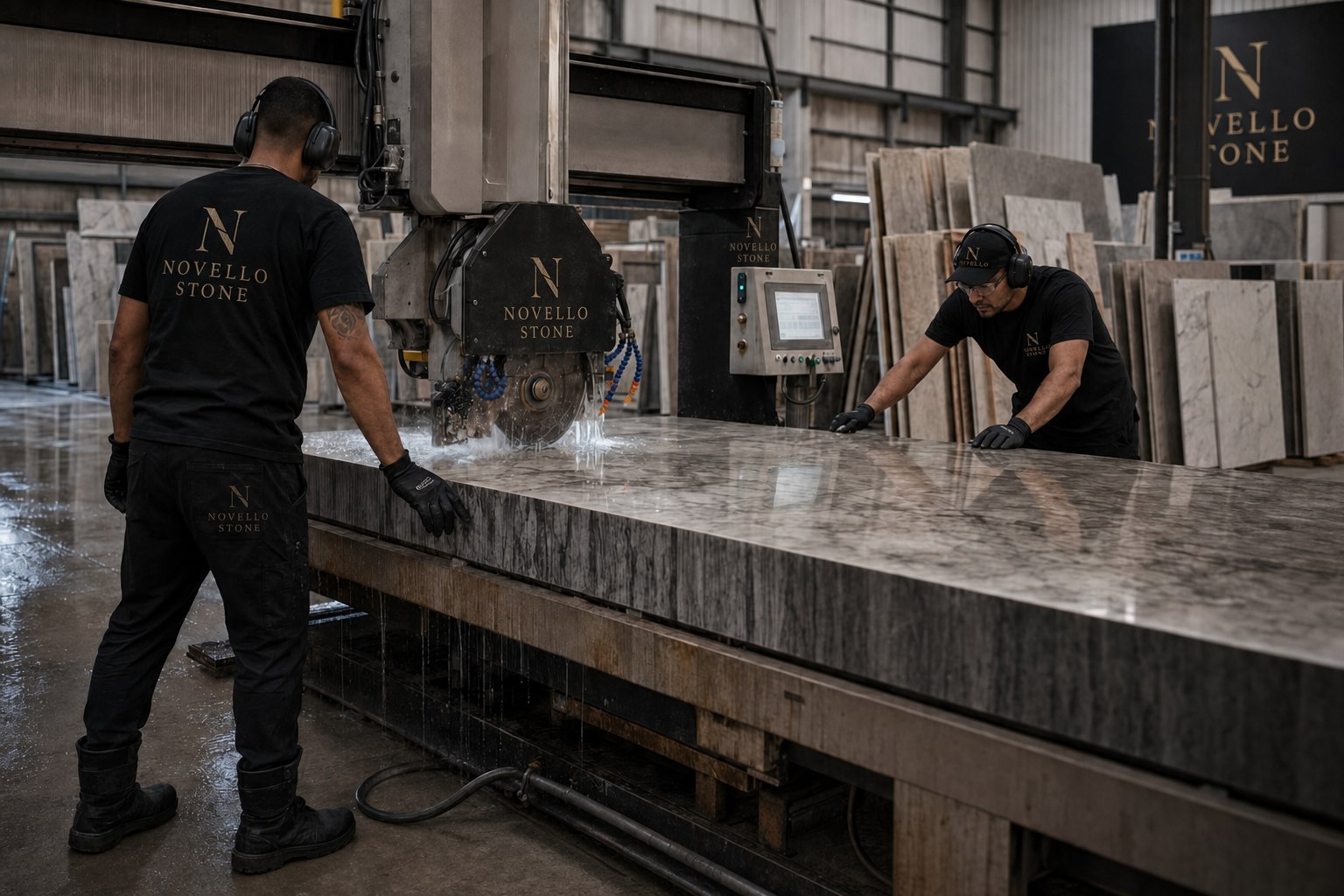 Novello Stone team cutting a marble slab in the fabrication workshop