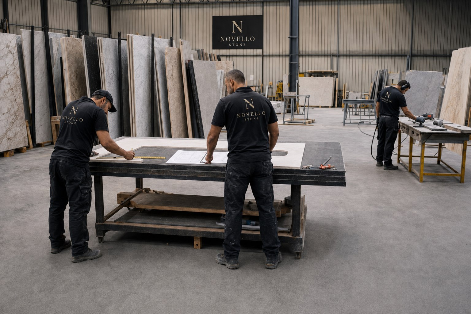 Novello Stone fabrication team templating a surface in the workshop