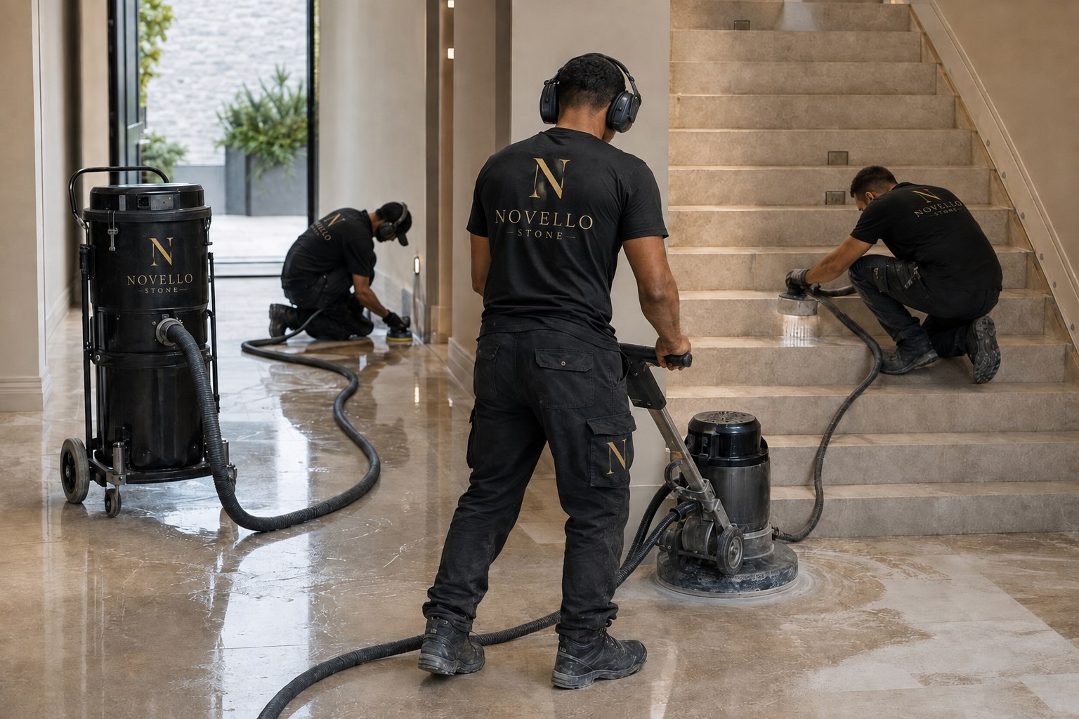 Novello Stone restoration team diamond-polishing a stone staircase
