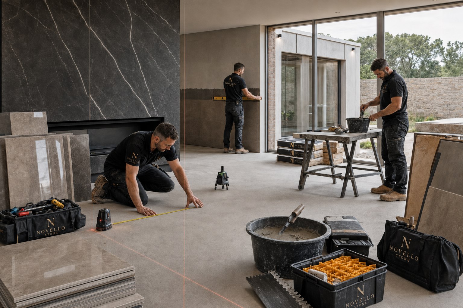 Novello Stone tiling team setting out a residential living space
