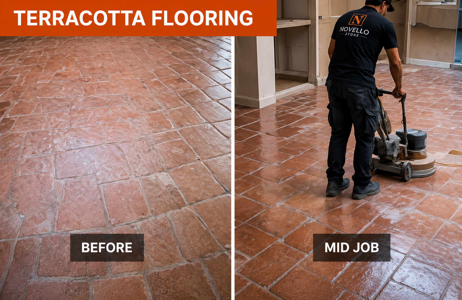 Terracotta flooring restoration, before and mid-job