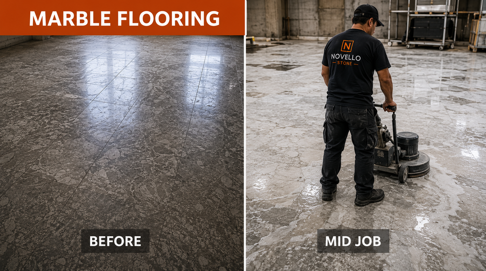 Marble flooring restoration, before and mid-job