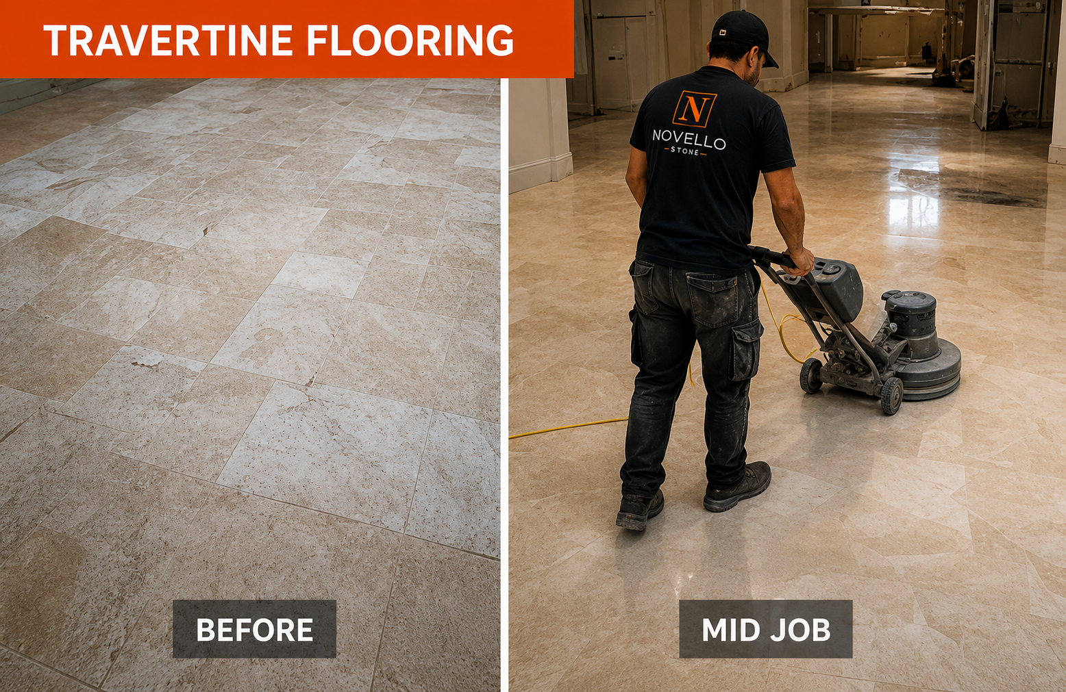 Travertine flooring restoration, before and mid-job