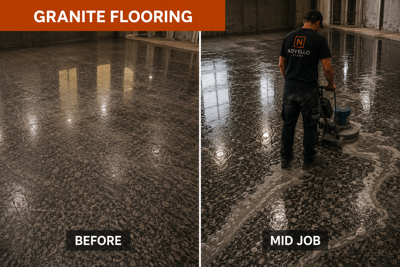 Granite flooring restoration, before and mid-job