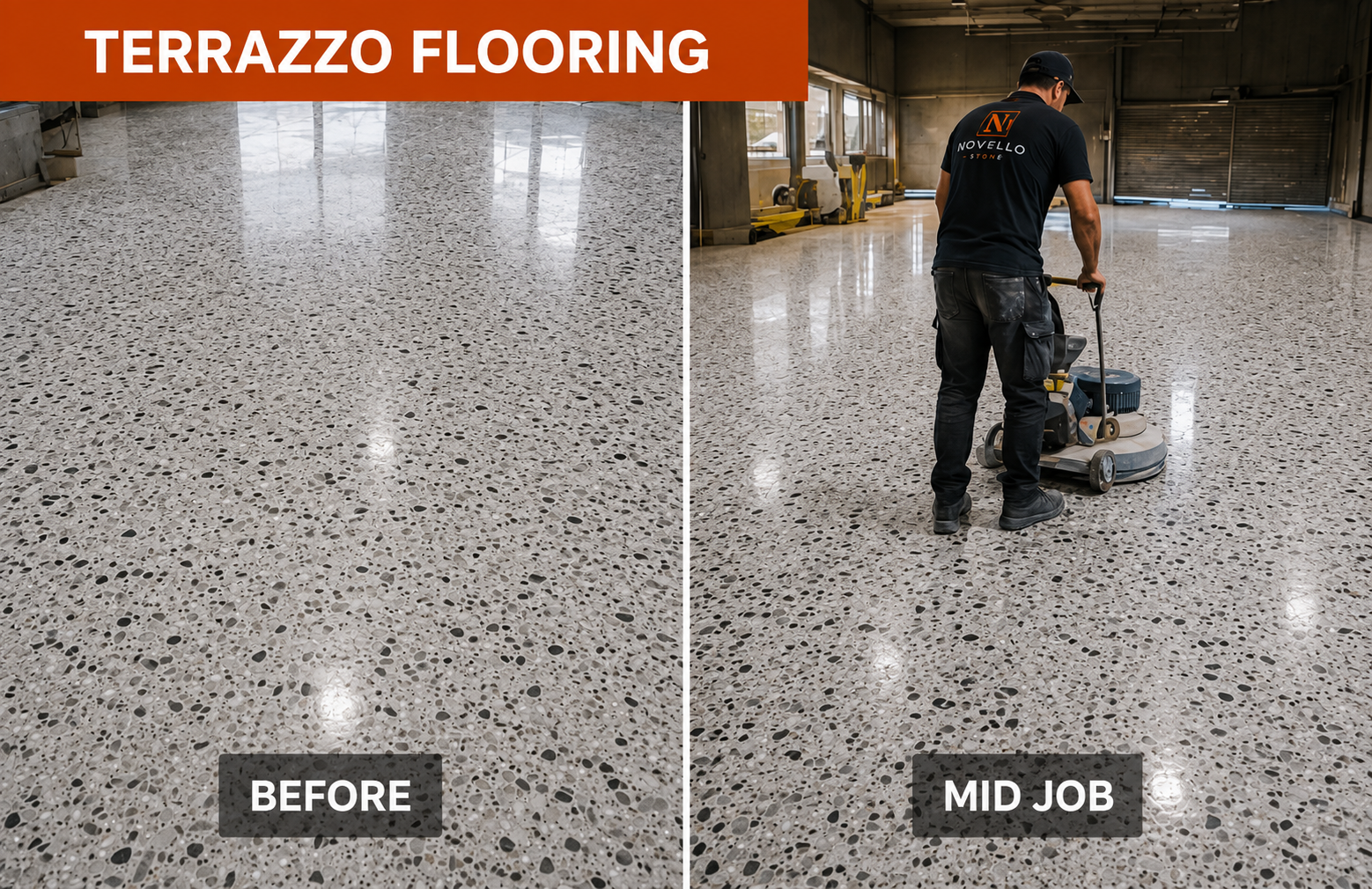 Terrazzo flooring restoration, before and mid-job