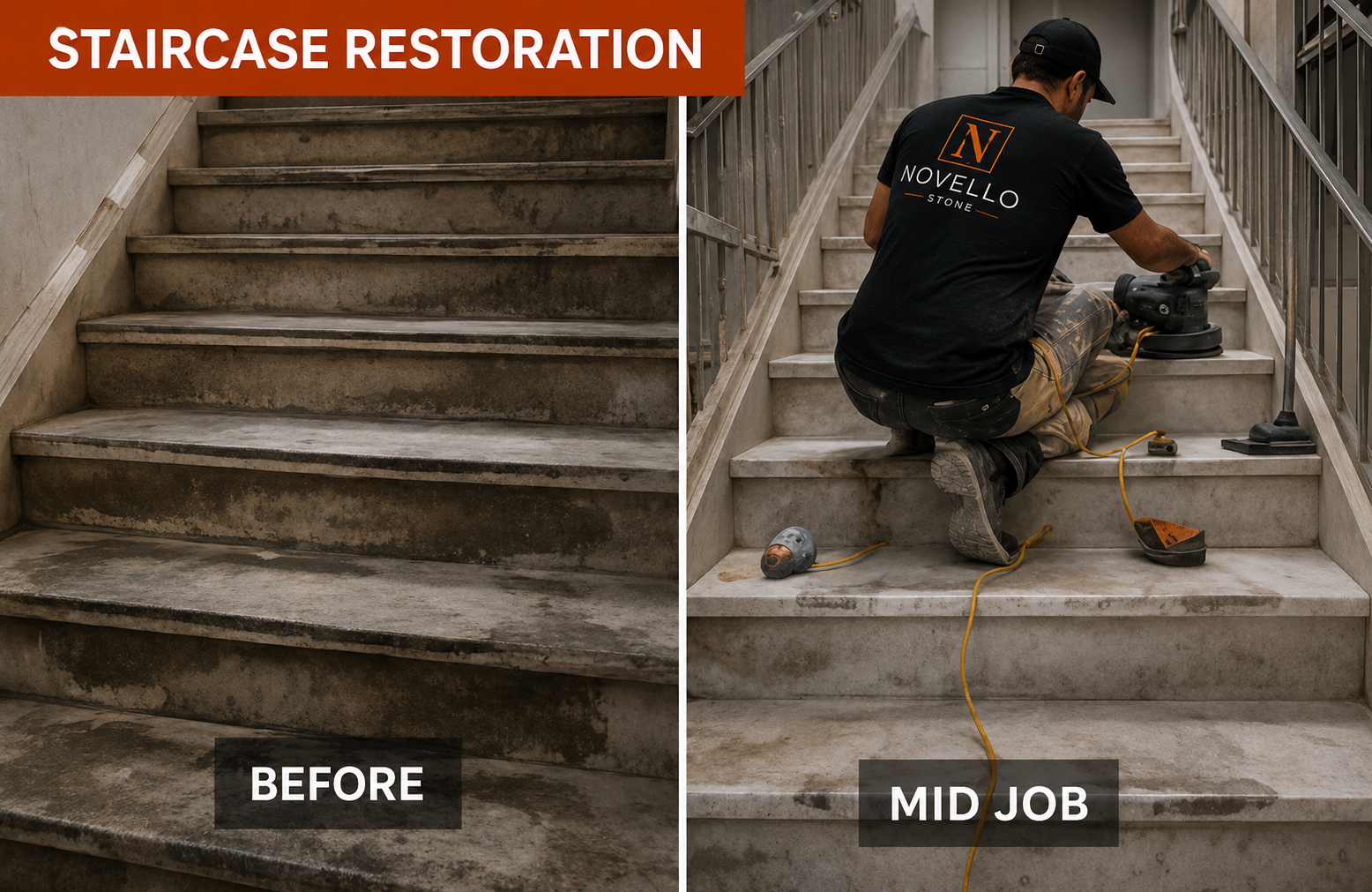 Staircase restoration, before and mid-job