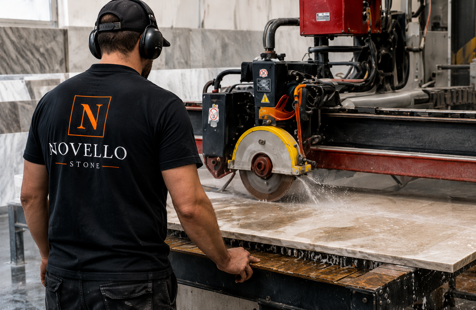 Bridge saw cutting a stone slab