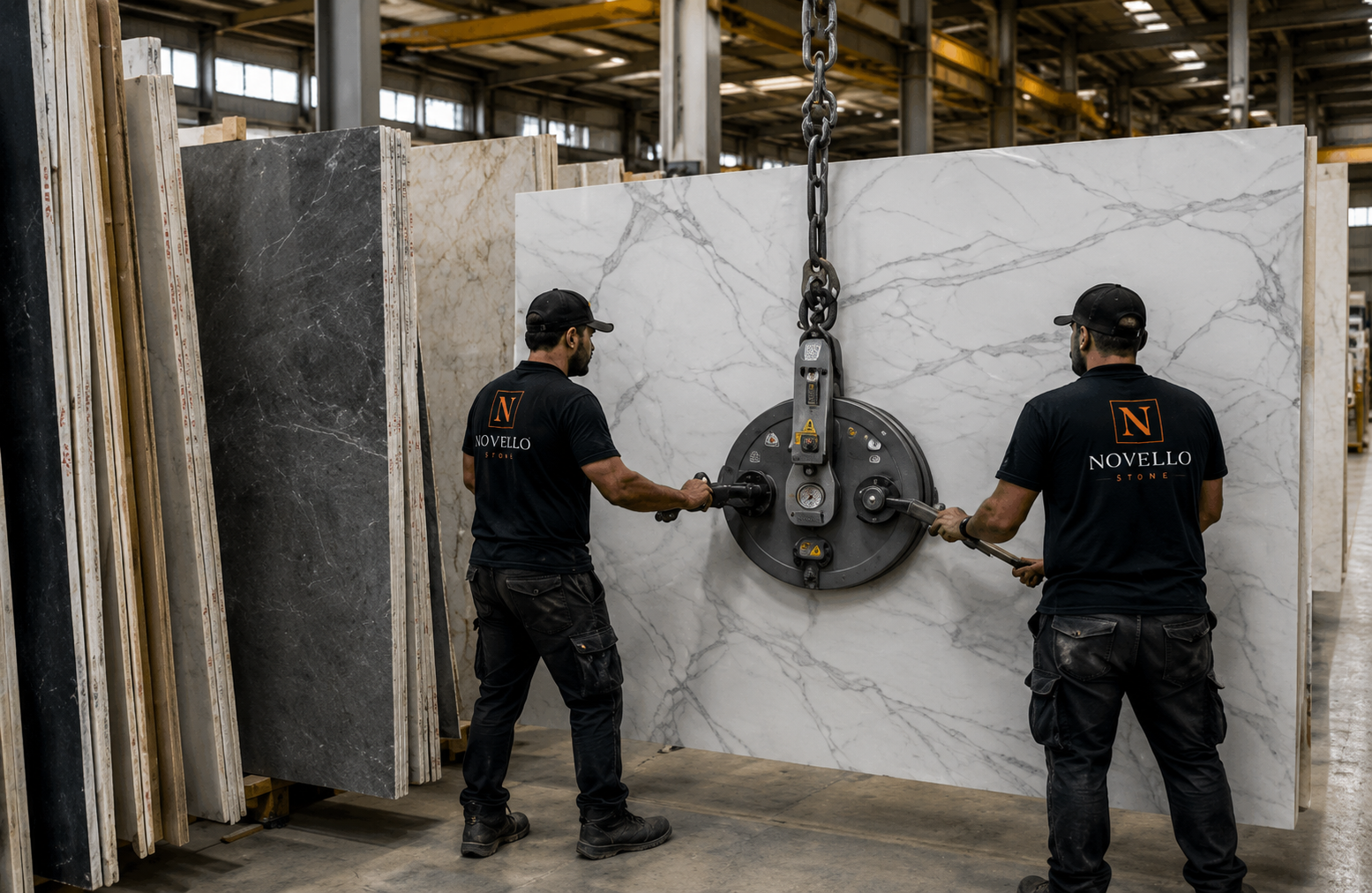 Handling a large stone slab in the fabrication workshop
