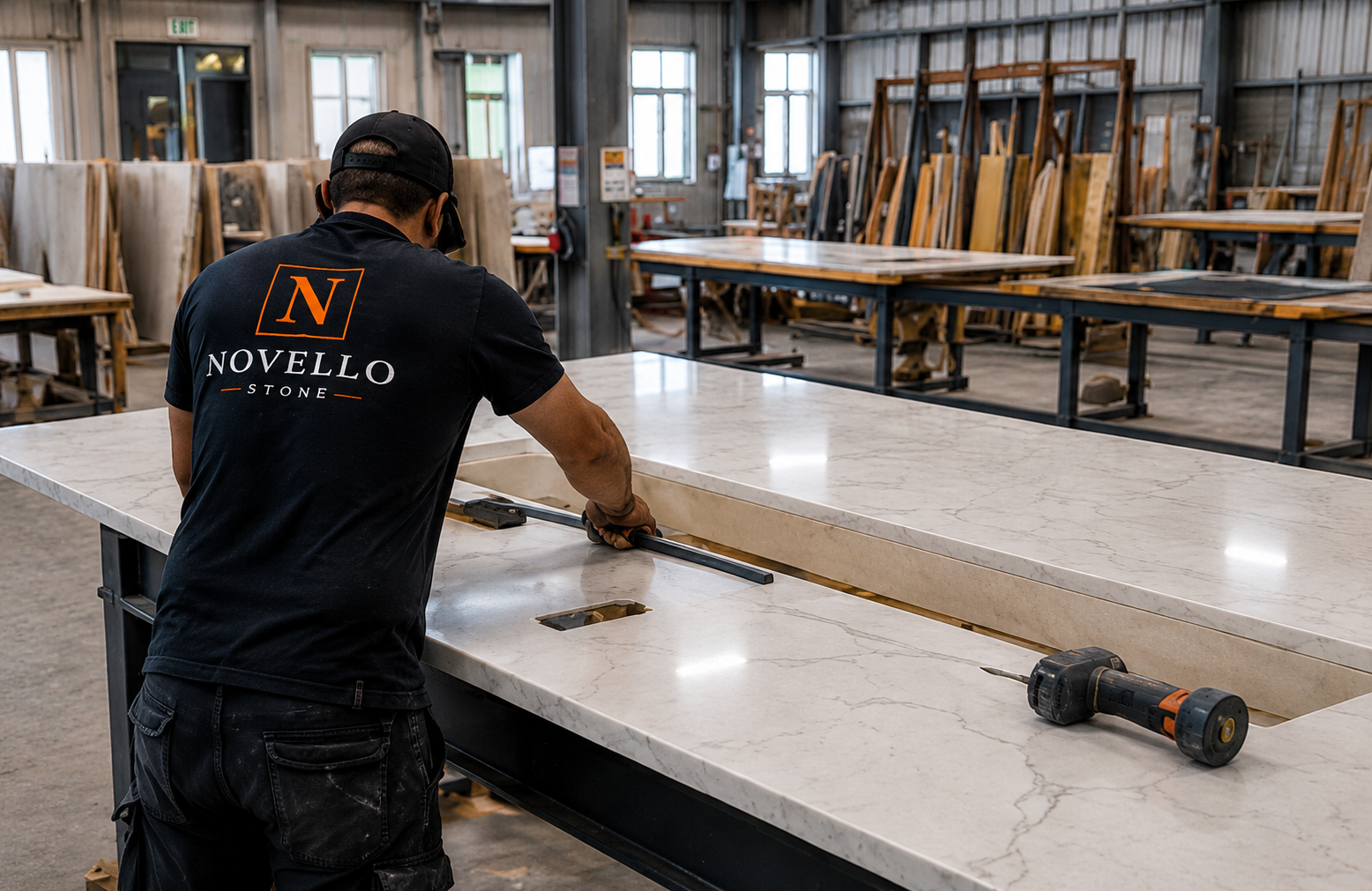 Stone countertop installation in progress